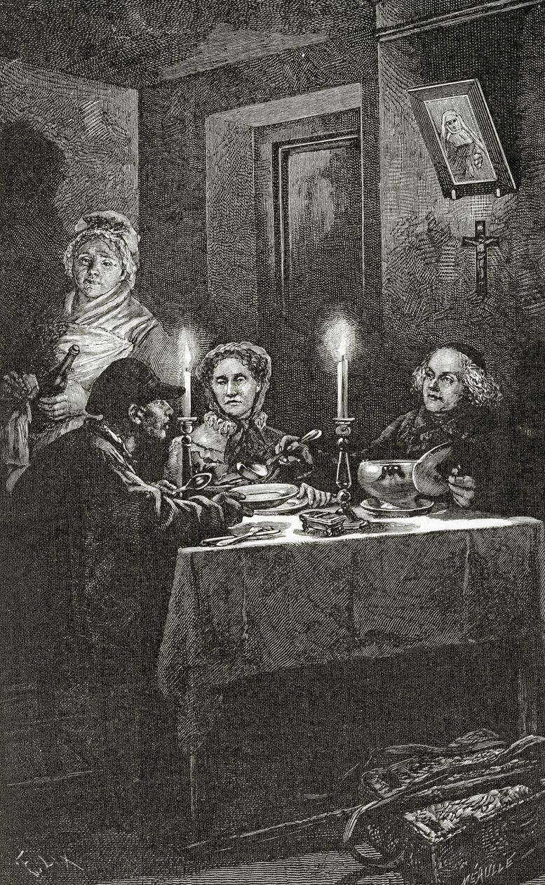 Jean Valjean zostaje przyjęty i otoczony opieką przez biskupa Myriel, XIX w. (rycina bw) autorstwa Frederic Theodore Lix
