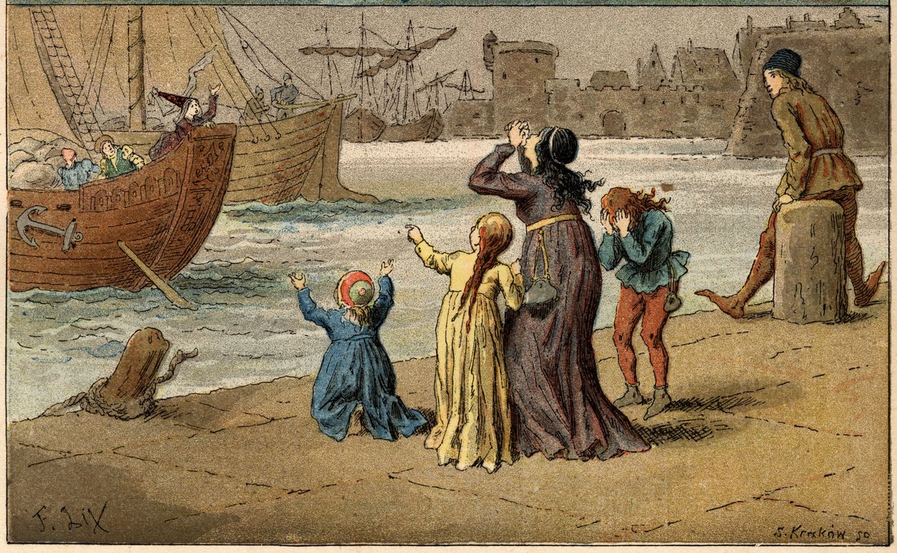 Popularna piosenka: „A Nantes est arrival””. Dzieci opłakują swoje morze, zabrane przez marynarza. Ilustracja (fragment) autorstwa Frederica Theodore