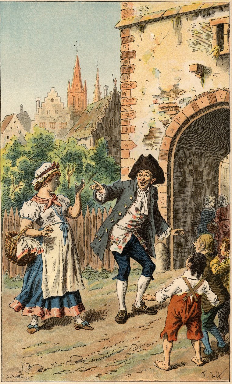 Popularna piosenka: „A Paris y a-t-une dame””. Mężczyzna naśmiewa się z służącej, więc twarz jest pokryta lakierem. Ilustracja autorstwa Frederica Theodore
