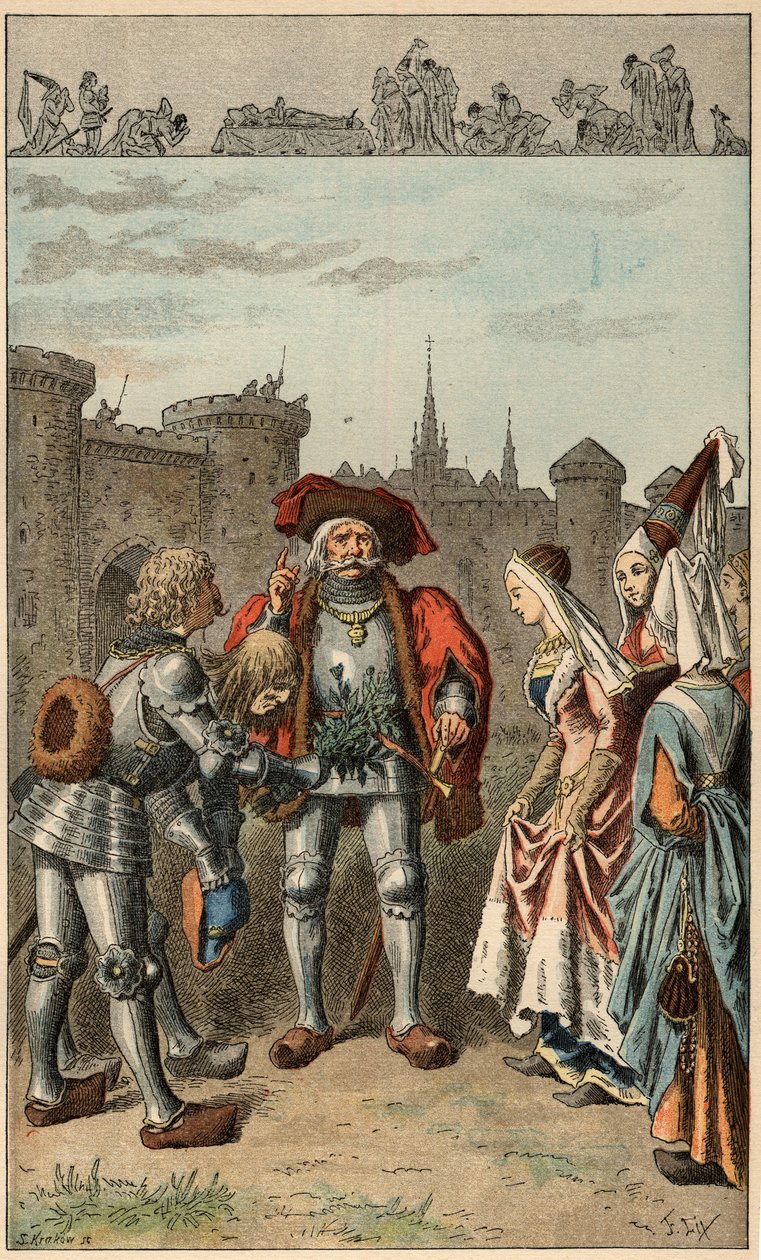 Popularna piosenka: „To była Anna z Bretanii”. Królowa Francji Anna Bretanii (1477-1514), przybywająca do Rennes, otrzymuje bukiet werbeny. Ilustracja Frederica Theodore
