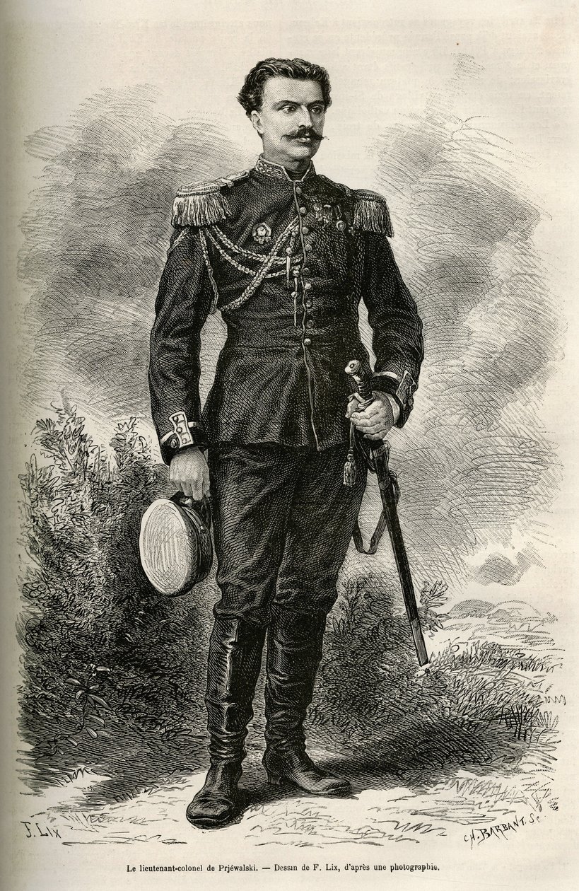 Portret podróżnika i narratora podpułkownika Prjewalskiego, rysunek F.Lixa ilustrujący podróż do Mongolii i ziemi Tangutów w latach 1870-1873, autorstwa podpułkownika Prjewalskiego. Grawerowanie w Le tour du monde autorstwa Frederic Theodore Lix