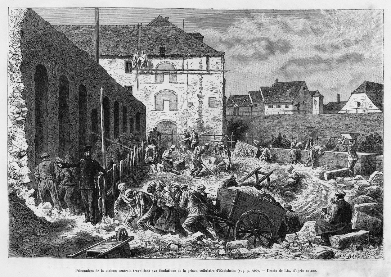 Więźniowie domu centralnego pracujący przy fundamentach więzienia w celi Ensisheim. Grawer autorstwa Lixa ilustrujący historię A travers l