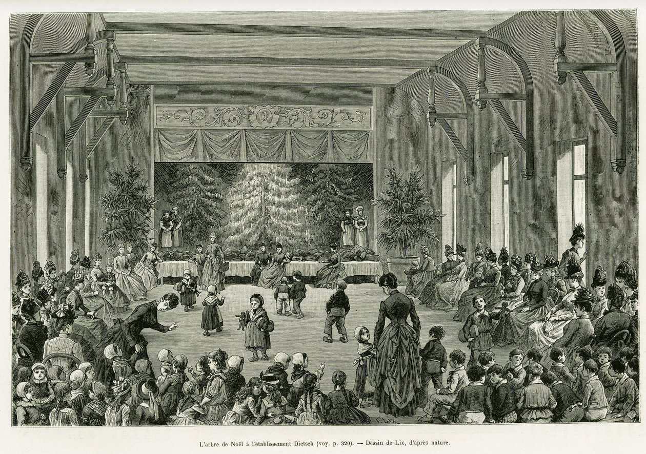Choinka w zakładzie Dietsch. Grawerowanie autorstwa Lixa, ilustrujące opowiadanie „Przez Alzację i Lotaryngię”, w 1887 r., autorstwa Charlesa Grada, niemieckiego zastępcy, w tour du monde 1888, w reżyserii Edouarda Chartona (1807-1890), Hachette, Paryż. autorstwa Frederic Theodore Lix