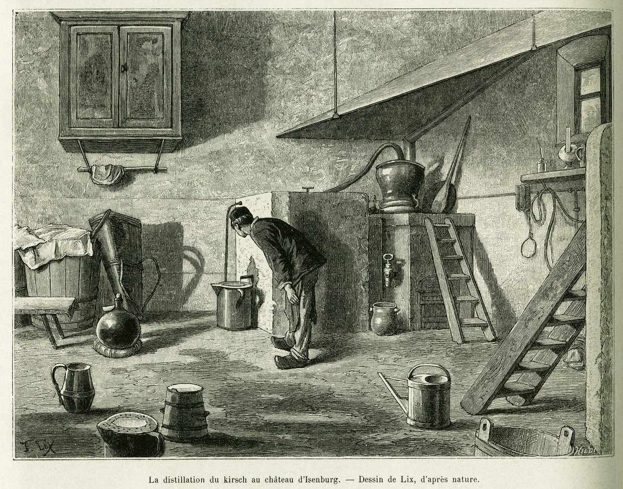 Destylacja kirschu na zamku Isenburg. Grawerowanie autorstwa Lixa, ilustrujące opowiadanie „Przez Alzację i Lotaryngię”, w 1887 r., autorstwa Charlesa Grada, niemieckiego zastępcy, w tour du monde 1888, w reżyserii Edouarda Chartona (1807-1890), Hachette,  autorstwa Frederic Theodore Lix