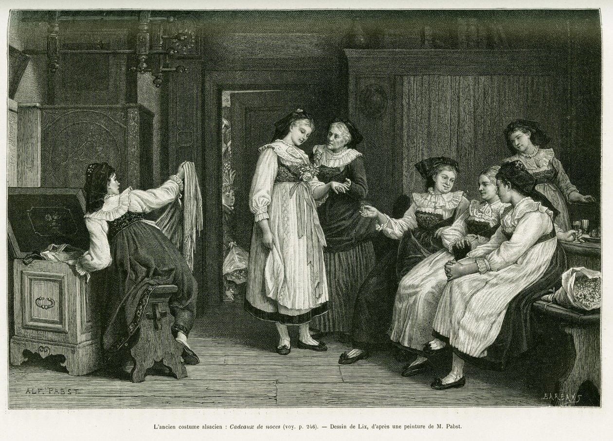 Stary strój alzacki. Grawerowanie autorstwa Lixa, po obrazie Present de Noces autorstwa Pabsta, aby zilustrować historię A Through Alsace and Lorraine, autorstwa Charlesa Grada, niemieckiego zastępcy, w 1885, w tour du monde 1887, pod kierunkiem Edouarda C autorstwa Frederic Theodore Lix
