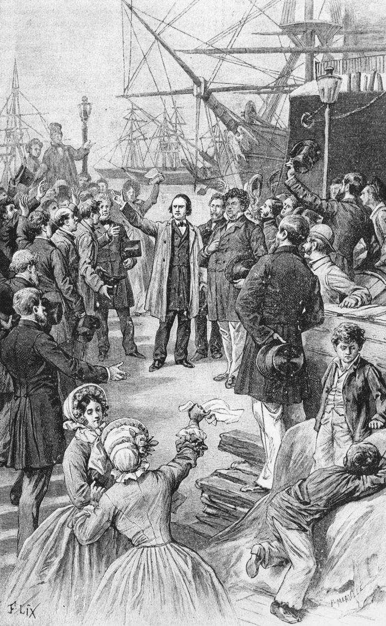 Victor Hugo (1802-1885) żegna się ze swoimi przyjaciółmi i sympatykami w Antwerpii 1 sierpnia 1852 r., ok. 1885 r. autorstwa Frederic Theodore Lix