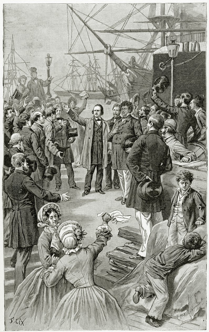 Victor Hugo nawołuje do stworzenia republiki powszechnej podczas przemówienia na wygnaniu 1 sierpnia 1852 r., XIX w. (rycina bw) autorstwa Frederic Theodore Lix
