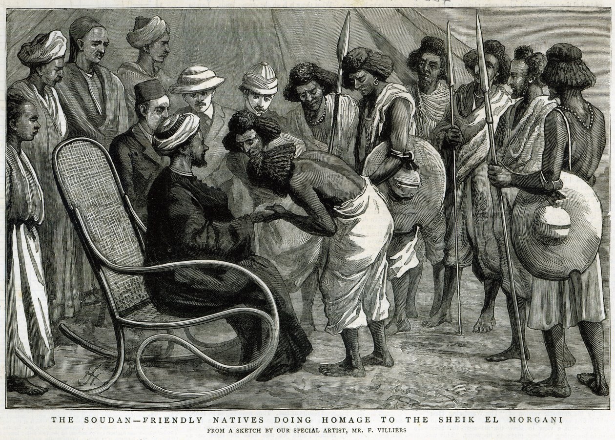 Soudan: Przyjaźni tubylcy oddający hołd szejkowi el Morgani, z „Grafiki”, 19 kwietnia 1884 (rycina) autorstwa Frederic Villiers