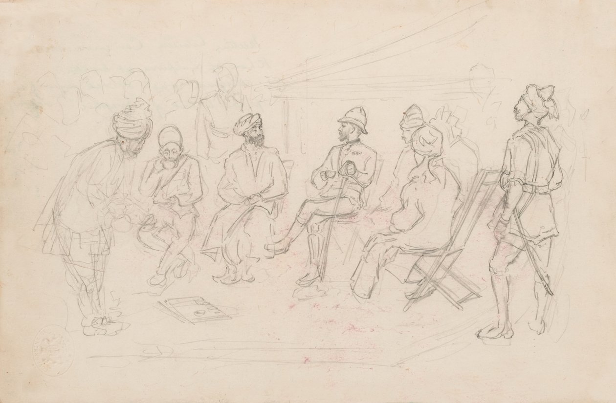 „Spotkanie Cavagnari z chanem Lalpury w Dakce w lutym 1879” (ołówek) autorstwa Frederic Villiers