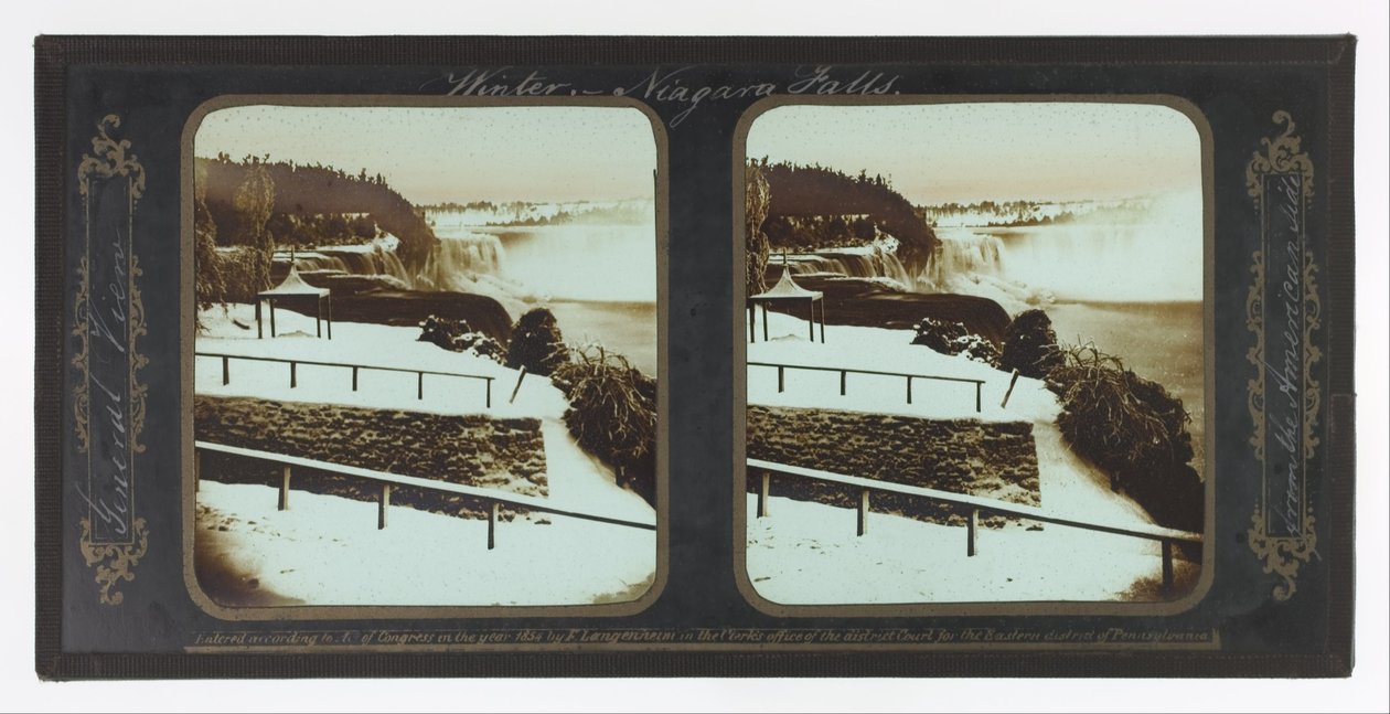 Zimowy wodospad Niagara, widok ogólny od strony amerykańskiej autorstwa Frederic and William Langenheim