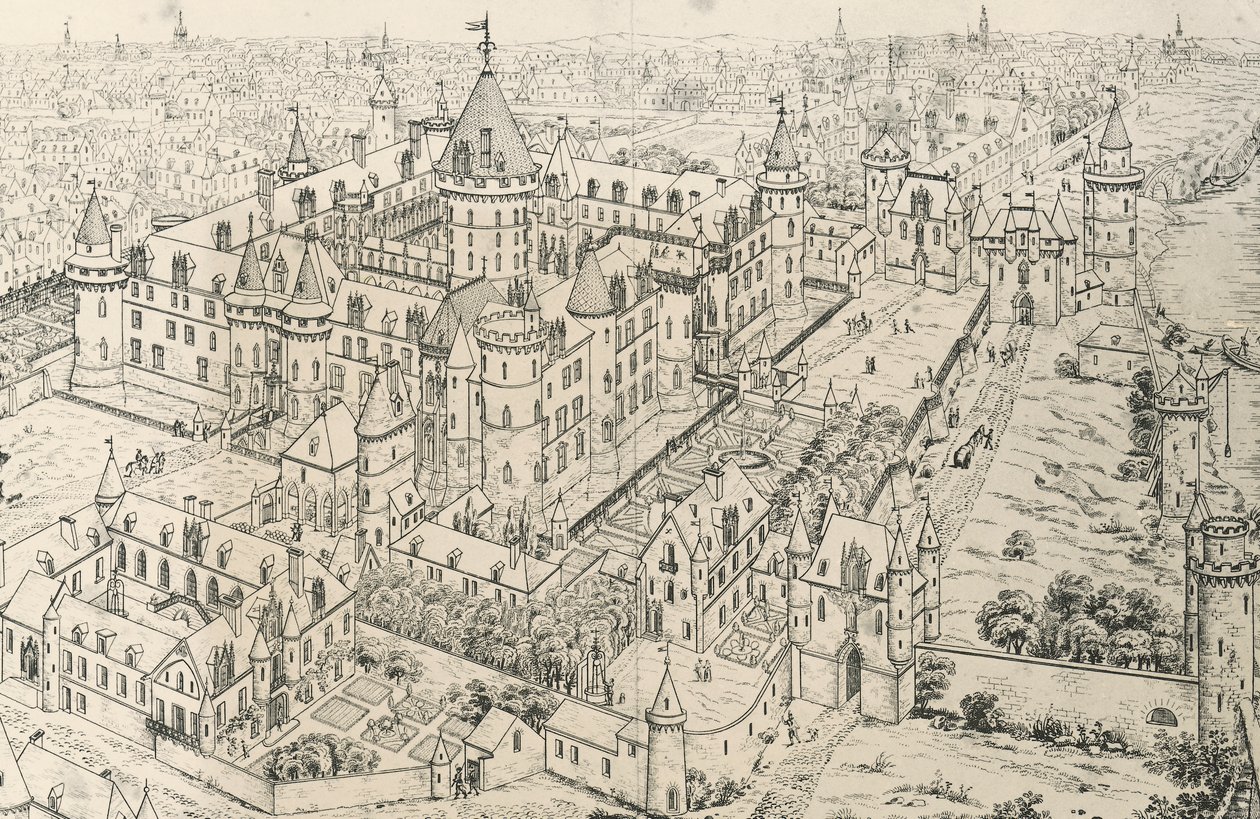 Luwr w Paryżu w czasach Karola V Mądrego (XIV w.), rysunek Fryderyka de Clarac (1777-1847), Francja autorstwa Frederic de Clarac