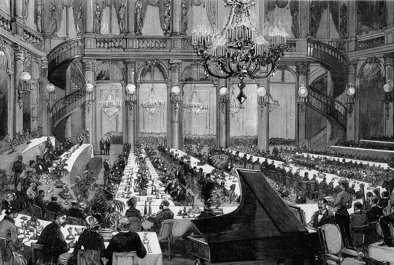 Koncert obiadowy w świątecznej sali Grand Hotel de Paris. Grawerowanie autorstwa De Haenen w „” The Illustrous World”” nr 1250 z dnia 12 marca 1881 r. autorstwa Frederic de Haenen