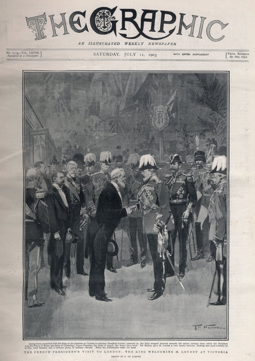 Entente cordiale: wizyta prezydenta Francji Emile Loubets w Londynie. Król Edward VII witający M. Loubeta na stacji Victoria. autorstwa Frederic de Haenen