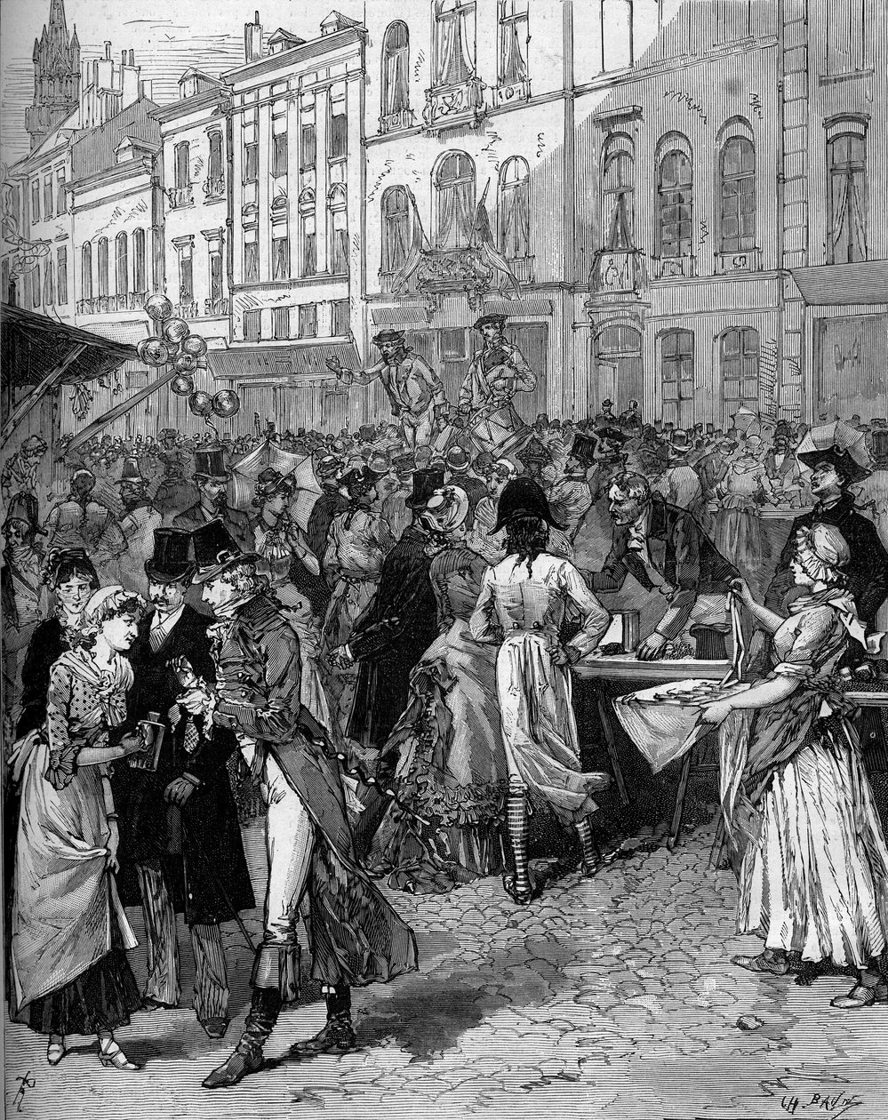 Historyczne obchody upamiętnienia oblężenia Lille w 1792 roku: Braderie Watteau (wielki jarmark) na ulicach miasta z modnymi mieszkańcami XVIII wieku. Grawerowanie autorstwa De Haenen w „” Le Monde Illustré”” nr 1334 z 21 października autorstwa Frederic de Haenen