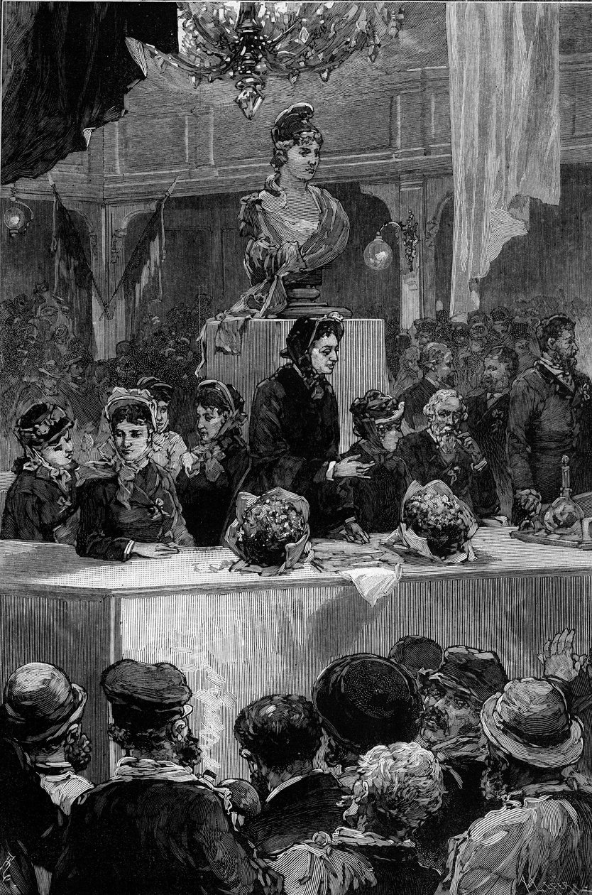 Wykład Louise Michel (1830-1905), pokój Grafarda w Paryżu, 30 listopada 1880 r. Grawer de Haenena w „Świat ilustracyjny” nr 1237 z 11 grudnia 1880 r. autorstwa Frederic de Haenen