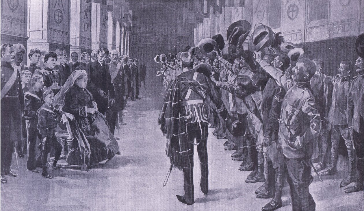 Królowa Wiktoria podczas inspekcji inwalidów kolonistów w St Georges Hall w Windsorze, ilustracja z filmu After Pretoria: The Guerilla War, 1902 autorstwa Frederic de Haenen