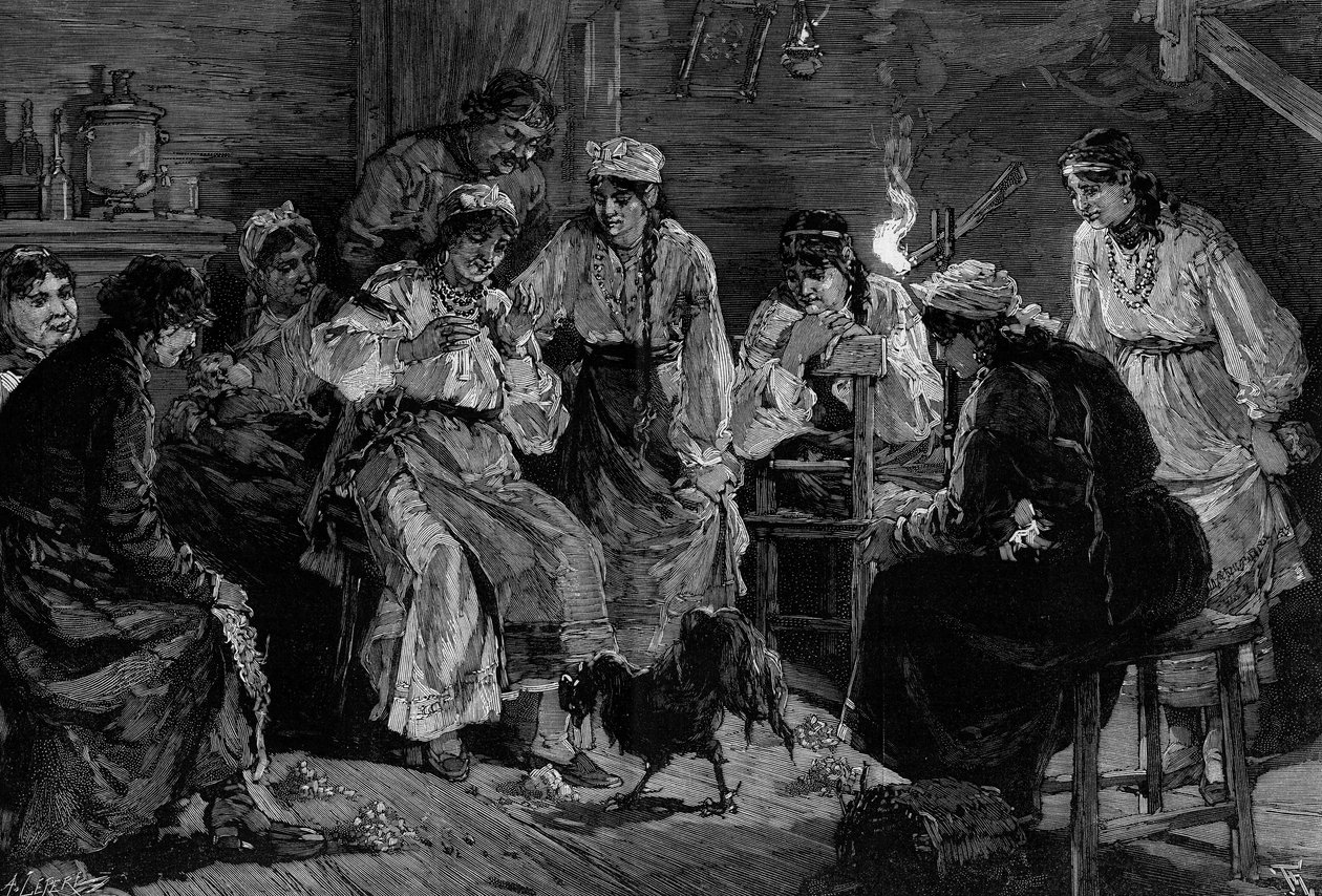 Rosyjski zwyczaj: horoskop koguta. W sylwestra młode dziewczęta, które mają wyjść za mąż, kładą jedzenie u ich stóp. Ten, którego kogut jako pierwszy wybierze przynętę, ożeni się w tym roku. Grawerowanie autorstwa De Haenen w „” The Illustrous World”” nr 1 autorstwa Frederic de Haenen