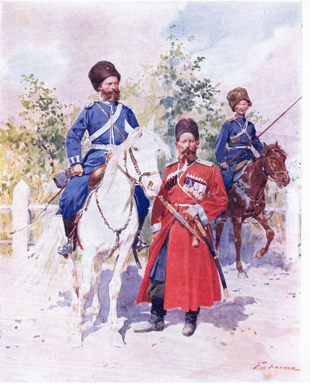 Rosyjscy żołnierze ok. 1900 (kolor lito) autorstwa Frederic de Haenen