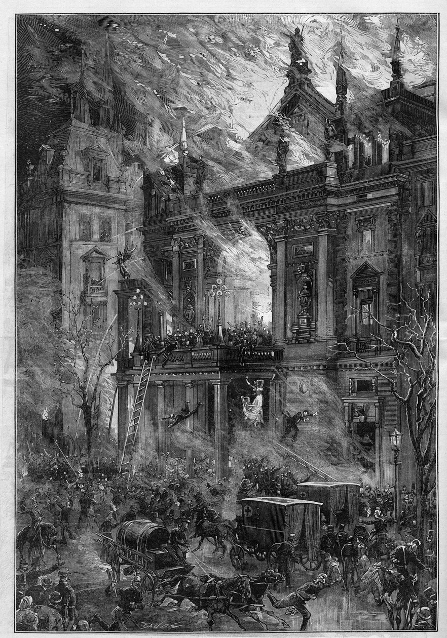 Pożar Opery Wiener Ringtheater w Wiedniu (Austria) w dniu 5 grudnia 1881 r. Rycina De Haenena w „” Le Monde Illustré” nr 1291 z 24 grudnia 1881 r. autorstwa Frederic de Haenen