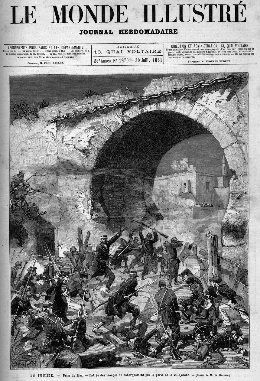 Tunezja, lipiec 1881: Francuzi zajęli miasto Stax po buncie mieszkańców przeciwko francuskiemu protektoratowi Tunezji. Grawerowanie autorstwa De Haenen. Jeden z „Świata sławnego” nr 1270 z 30 lipca autorstwa Frederic de Haenen