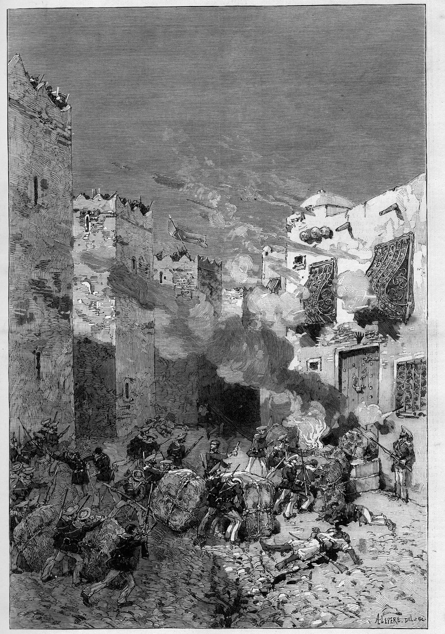 Tunezja, lipiec 1881: Francuzi zajęli miasto Stax po buncie mieszkańców przeciwko francuskiemu protektoratowi Tunezji. Karabiny piechoty morskiej dymią arabskie domy znajdujące się u podnóża kazby (kasby) - Grawerowanie autorstwa De Haenen w „Iluście” autorstwa Frederic de Haenen