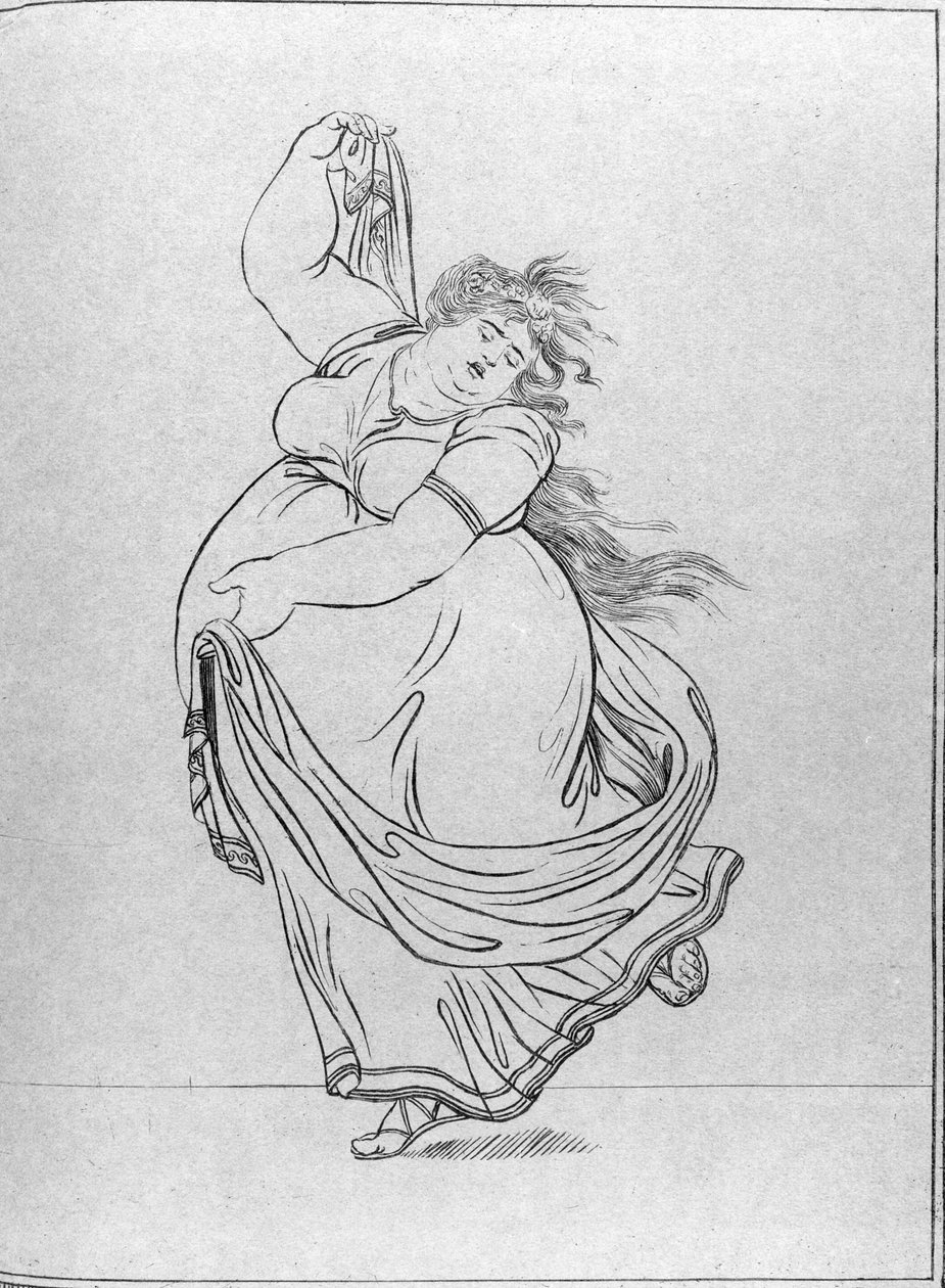 Muza tańca, plansza VI z nowego, znacznie powiększonego wydania "Postaw" Lady Hamilton, przypisywanych Jamesowi Gillrayowi (1757-1815), opublikowanych przez Hannah Humphrey, 1807 (akwaforta na niebieskim papierze) autorstwa Frederich Rehberg