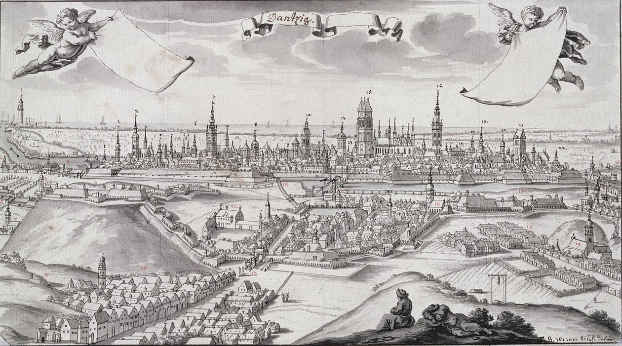 Panorama Gdańska (tusz i czarny przemyty tusz na papierze) autorstwa Frederich Wener