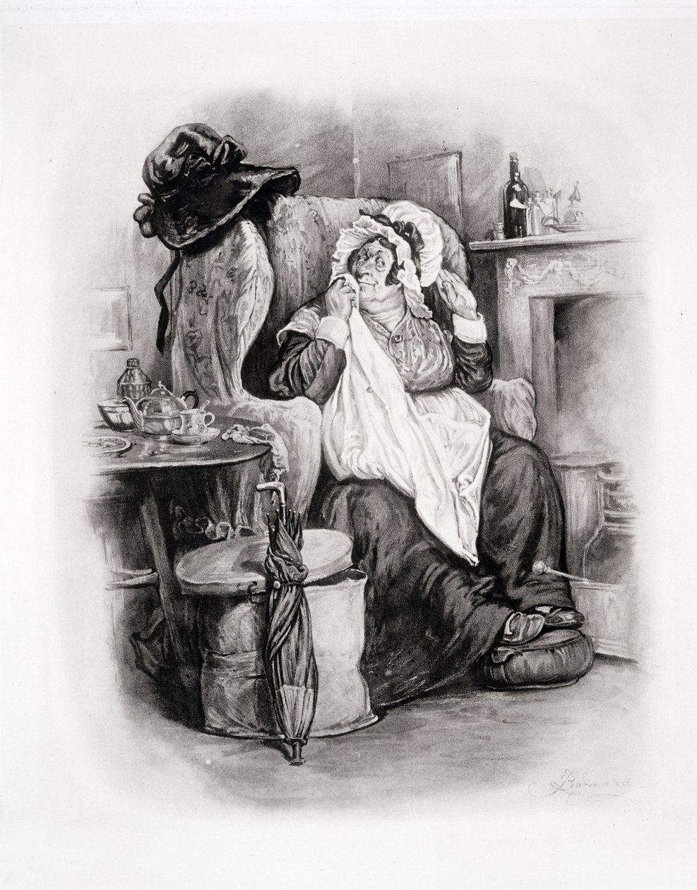 Pani Gamp, z książki „Charles Dickens: A Gossip about his Life”, autorstwa Thomasa Archera, opublikowanej ok. 1894 r. autorstwa Frederick Barnard