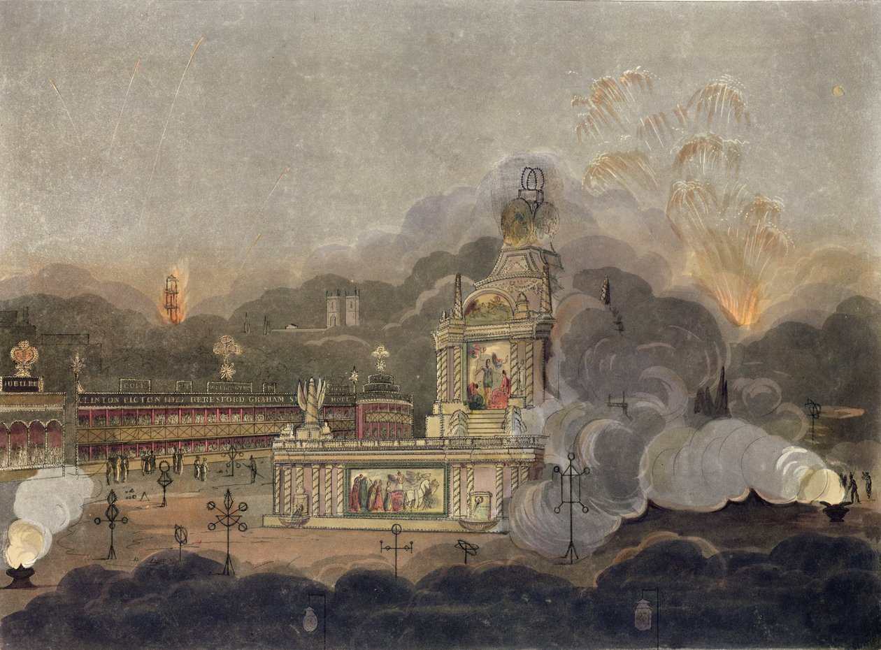 Widok Świątyni Zgody w Zielonym Parku, 1 sierpnia 1814 (akwatinta) autorstwa Frederick Calvert