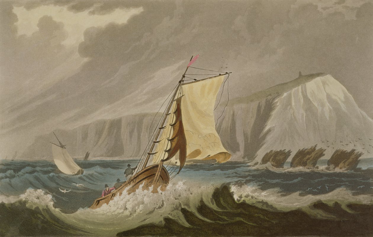 The Needles, z "The Isle of Wight Illustrated, in a Series of Coloured Views", rytowane przez P. Robertsa, opublikowane w 1846 r. (akwatinta) autorstwa Frederick Calvert