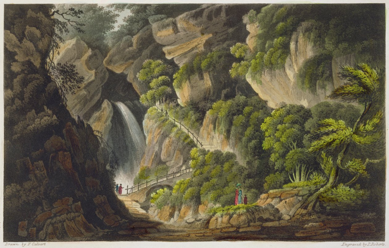 Wodospad w Shanklin, z "The Isle of Wight Illustrated, in a Series of Coloured Views", rytowany przez P. Robertsa, wydany w 1846 r. (akwatinta) autorstwa Frederick Calvert