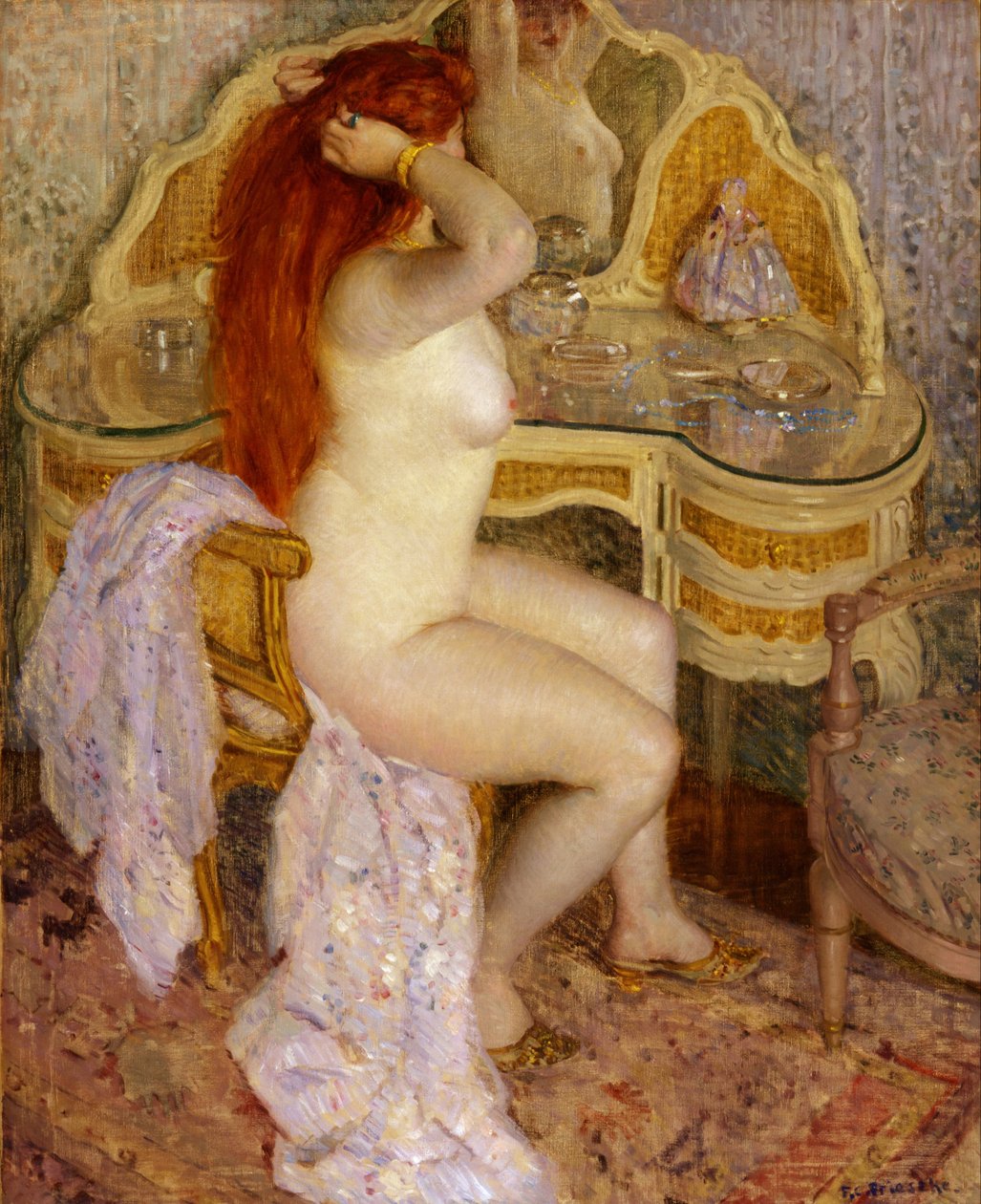 Akt siedzący przy toaletce autorstwa Frederick Carl Frieseke