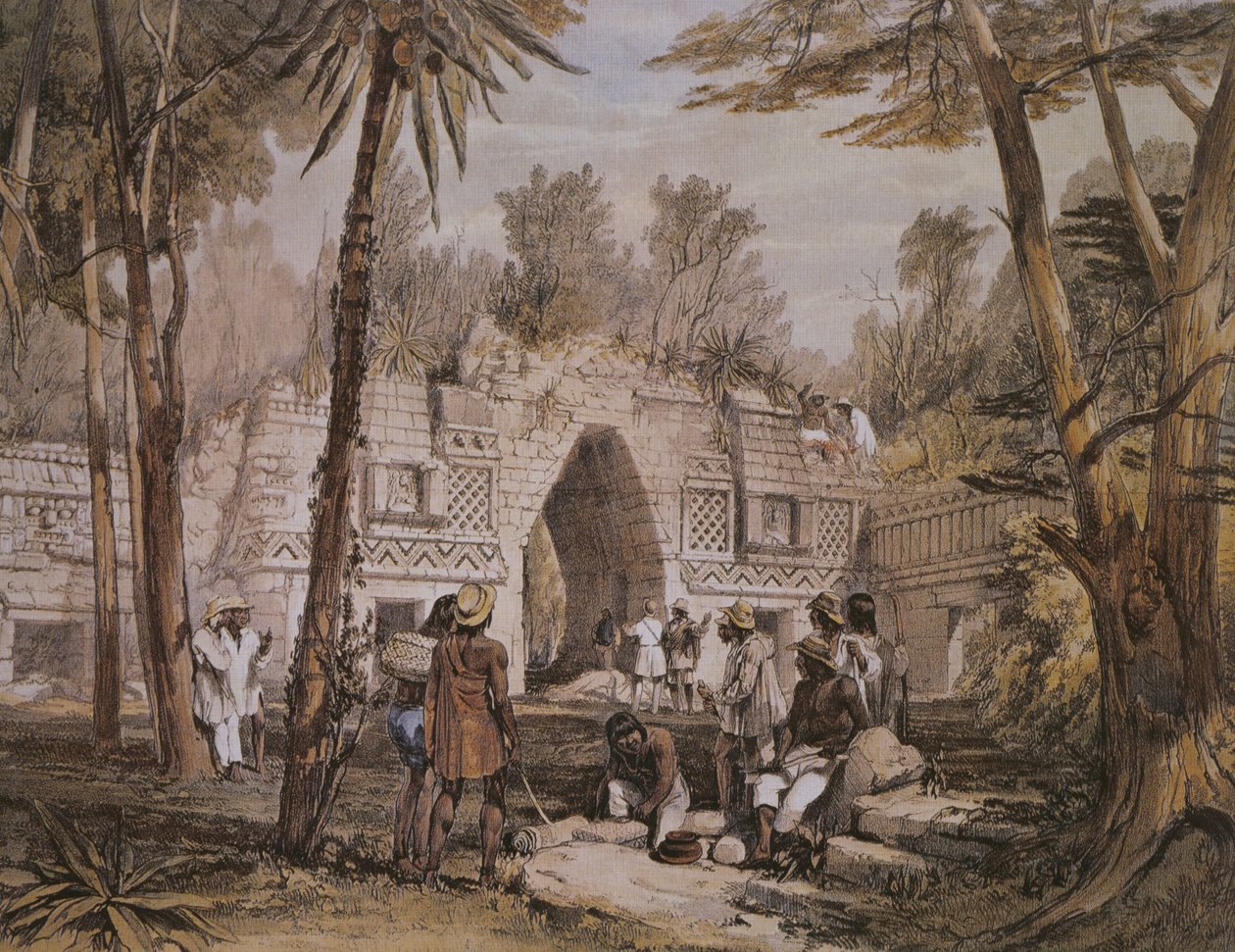 Łuk Labna, Jukatan, Meksyk, ilustracja z „Widoków starożytnych zabytków w Ameryce Środkowej, Chiapas i Jukatanie”, opublikowana w Londynie 1844 autorstwa Frederick Catherwood