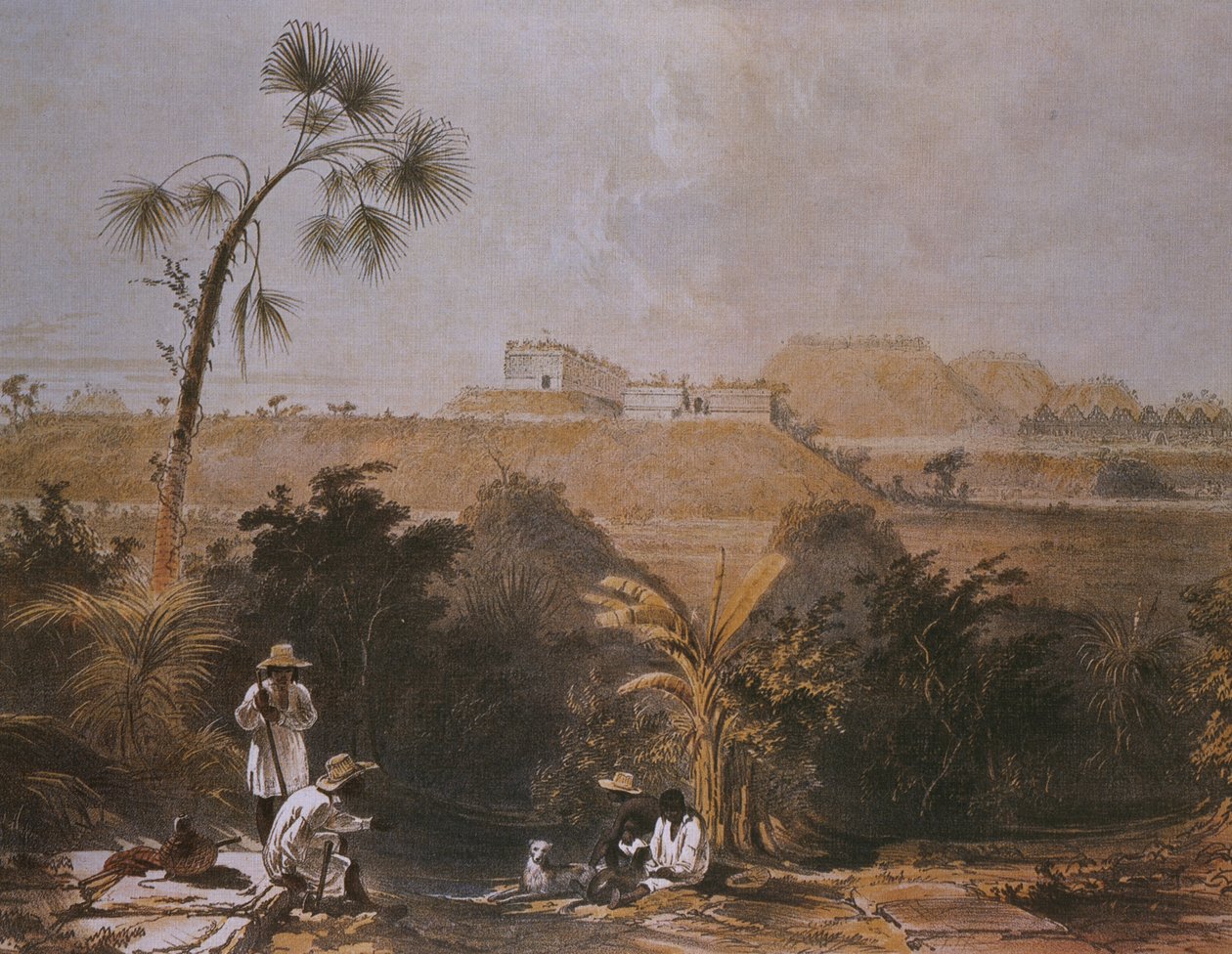 Panoramiczny widok Uxmal na Jukatanie w Meksyku, ilustracja z „Widoków starożytnych zabytków w Ameryce Środkowej, Chiapas i Jukatanie”, opublikowanej w Londynie 1844 autorstwa Frederick Catherwood