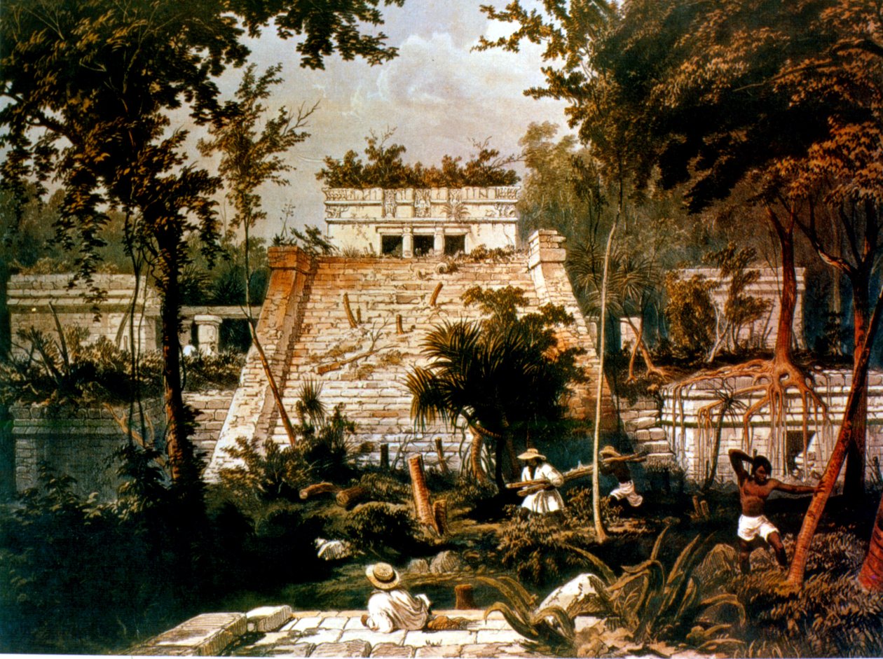 Świątynia i piramida, Tulum, Jukatan, Meksyk, 1844 (kolorowa lito) autorstwa Frederick Catherwood