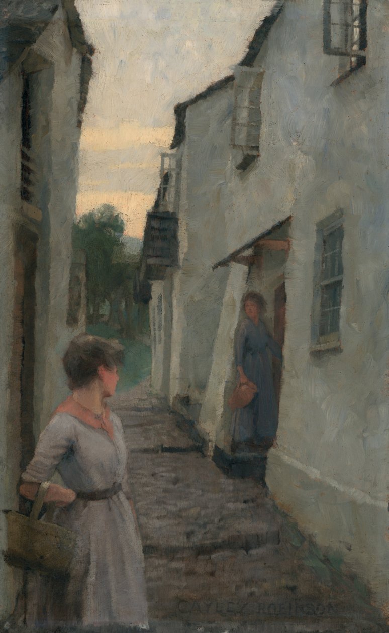 Scena uliczna z postacią, Kornwalia (olej na pokładzie) autorstwa Frederick Cayley Robinson