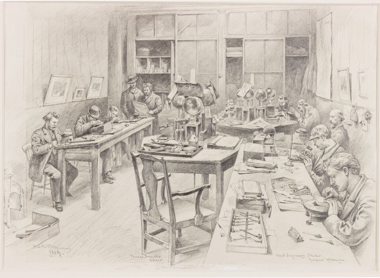Pracownia grawerowania drewna, biuro „Grafika”, z krzesłem Thomasa Bewick autorstwa Frederick George Kitton