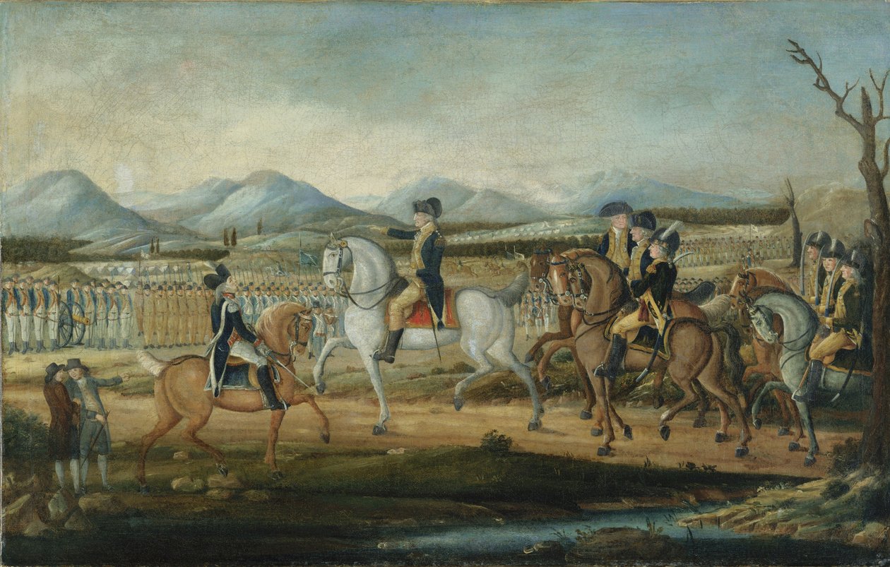 Waszyngton dokonujący przeglądu Armii Zachodniej w Fort Cumberland, Maryland, po 1795 r. autorstwa Frederick Kemmelmeyer