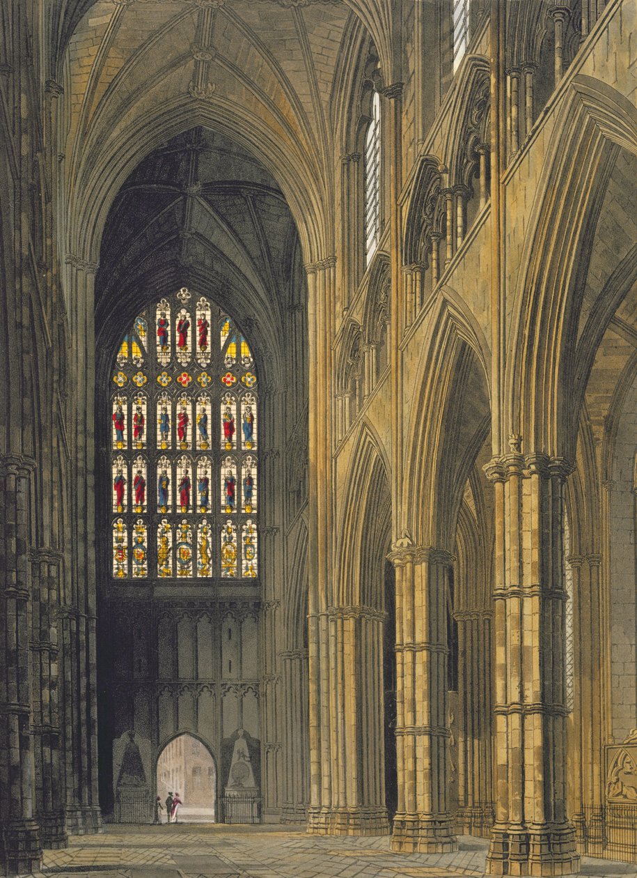 Widok wnętrza opactwa Westminster w kierunku zachodniego wejścia, tablica 6 z "Westminster Abbey", rytował J. Bluck (fl.1791-1831), wyd. Rudolph Ackermann (1764-1834) 1811 (akwatinta) autorstwa Frederick Mackenzie