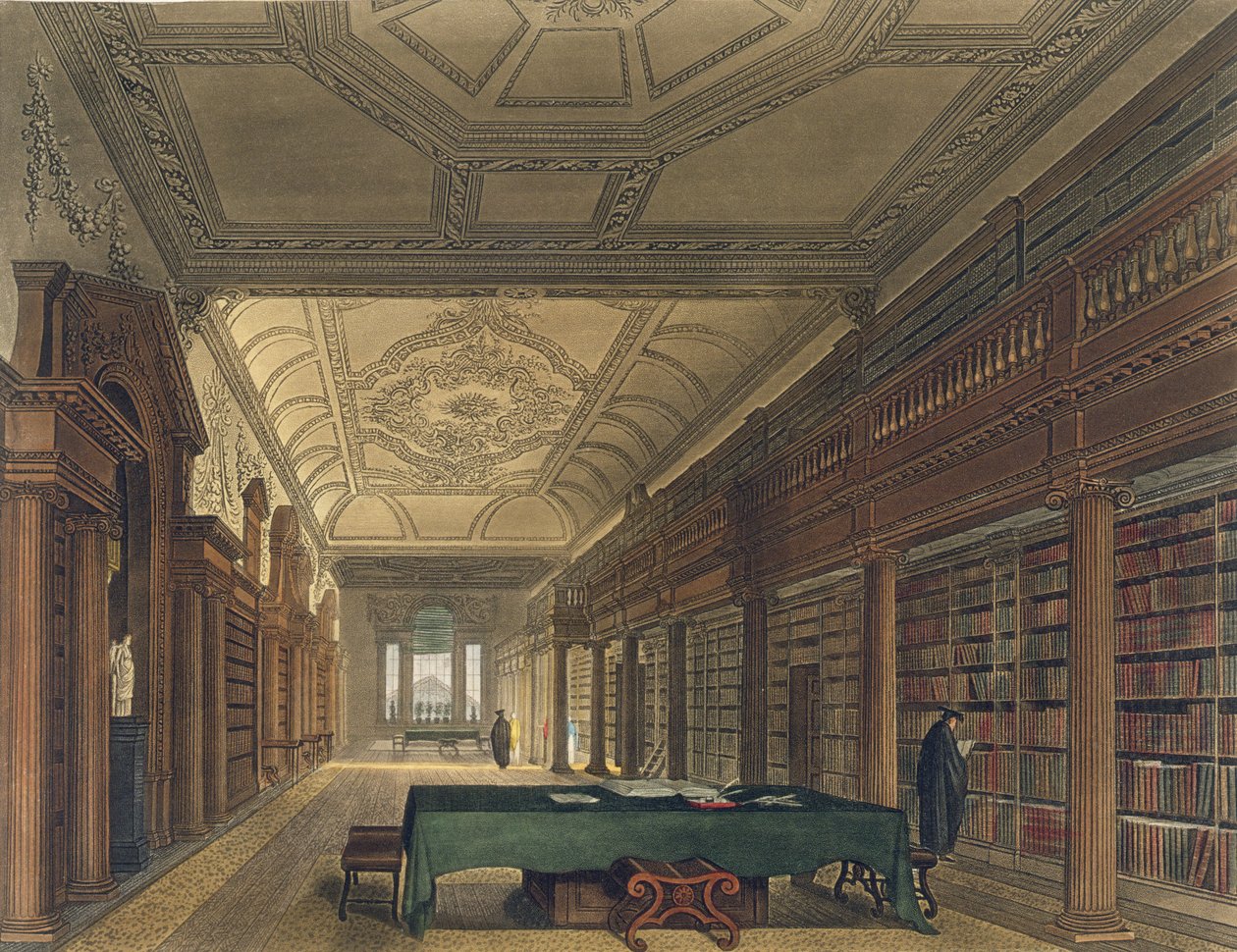 Wnętrze Biblioteki Chrystusa Kościoła, ilustracja z „Historii Oksfordu”, sztychowana przez Josepha Constantine