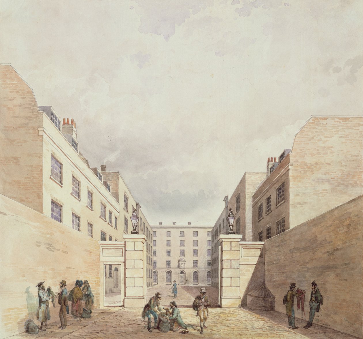 Widok magazynów Kompanii Wschodnioindyjskiej od strony Cutler Street, 1836 autorstwa Frederick Nash