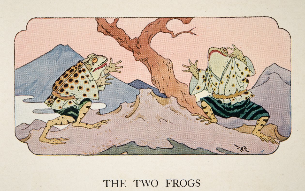 Dwie żaby, ilustracja z Little Peaching and Other Tales of Old Japan, c. 1928 autorstwa Frederick Richardson