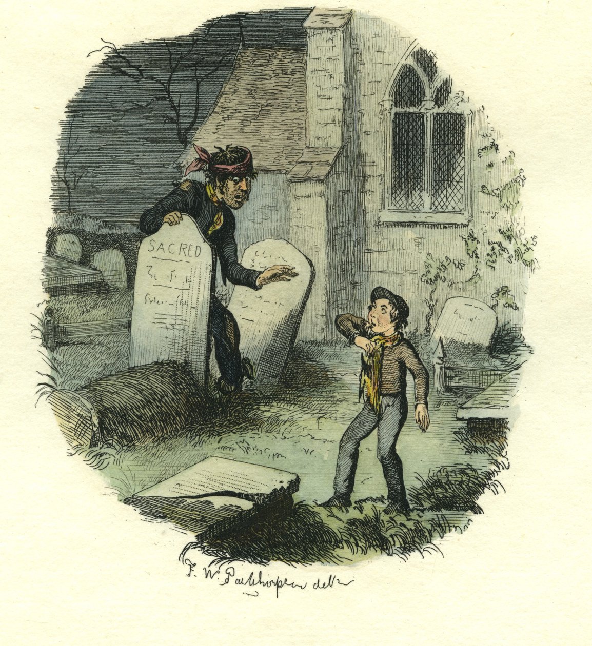 Pip and the Convict, Great Expectations, c.1885 (akwaforta ręcznie kolorowana) autorstwa Frederick W. Pailthorpe