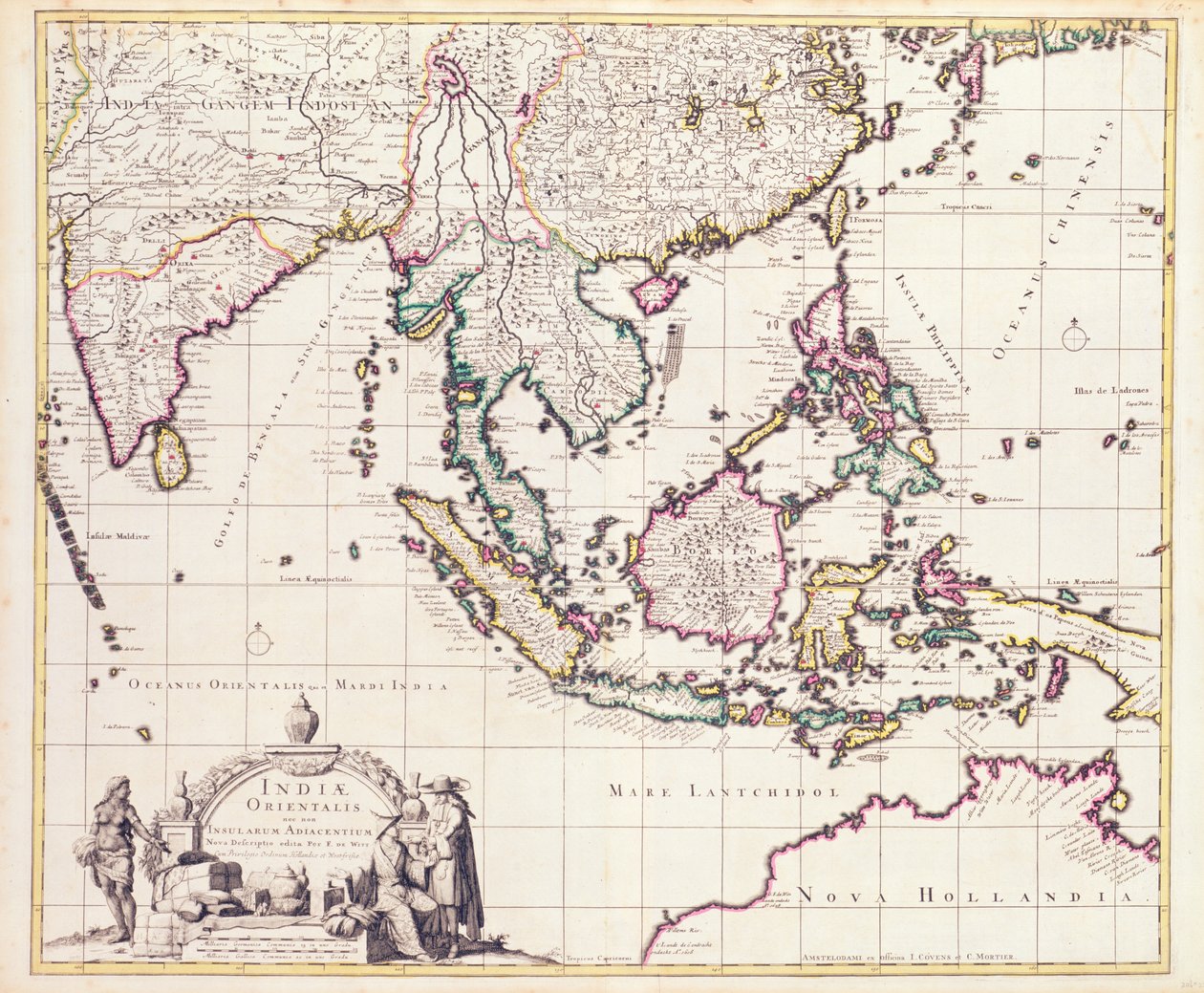 Mapa Indii i Indii Wschodnich (ręcznie barwiony grawerunek) autorstwa Frederick de Wit