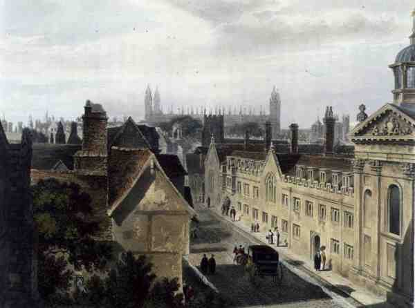 Na zewnątrz Pembroke College, z okna Peterhouse, Cambridge, z „Historii Cambridge”, ryty przez Josepha Constantine