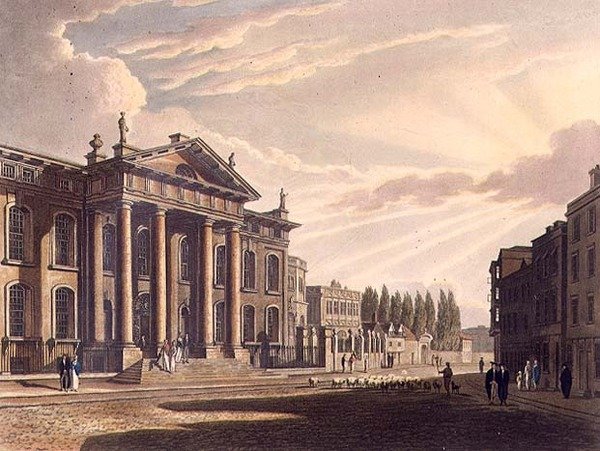 Na zewnątrz drukarni Clarendon, ilustracja z „Historii Oksfordu”, sztychowana przez Josepha Constantine