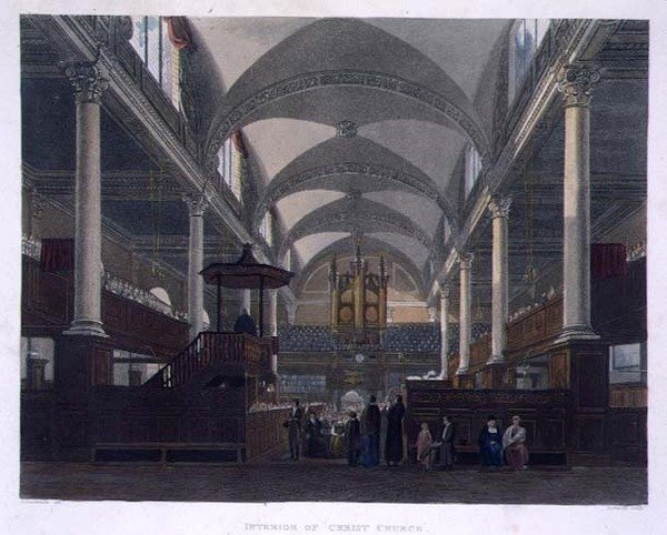 Wnętrze kościoła Chrystusowego, z „Historii Szpitala Chrystusowego”, część „Historii Kolegiów”, sztychowane przez Daniela Havella (1785-1826) wyd. przez R. Ackermanna autorstwa Frederick (after) Mackenzie