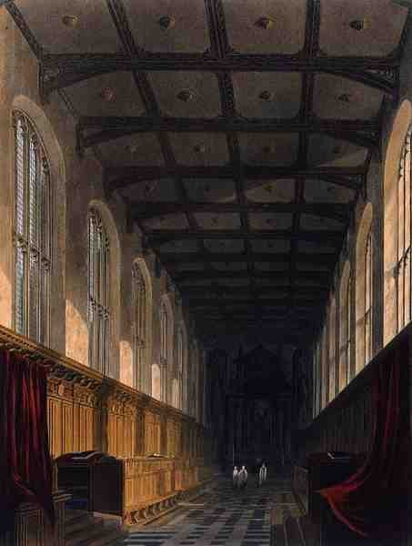 Wnętrze kaplicy Trinity College, Cambridge, z „Historii Cambridge”, ryt. J. Bluck (fl.1791-1831), wyd. przez R. Ackermanna autorstwa Frederick (after) Mackenzie