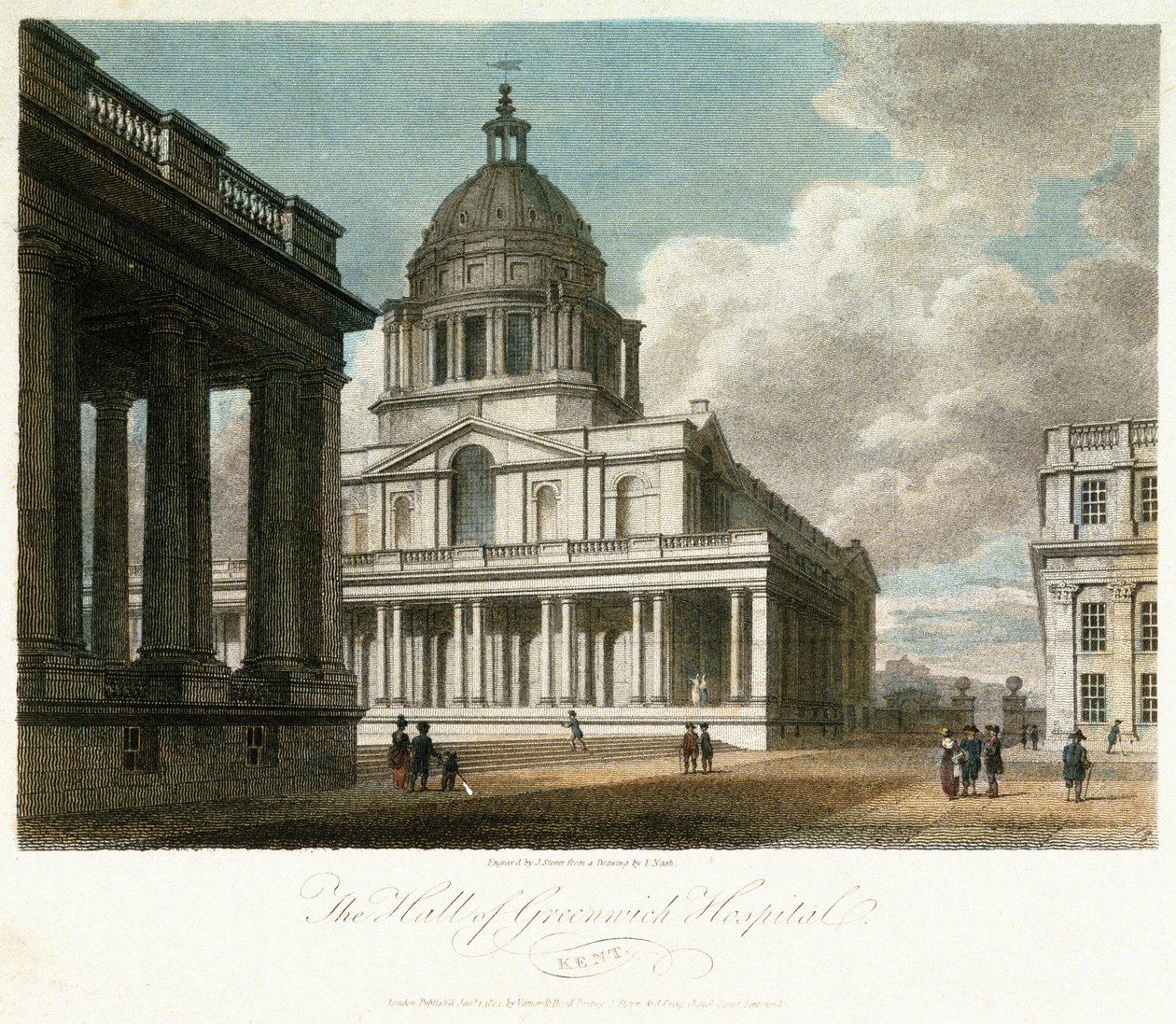 Widok szpitala w Greenwich (Kent, Anglia), opis kopuły i północno-wschodniego narożnika dworu króla Wilhelma (Williama), z namalowaną północną fasadą hali i częścią dziedzińca i kaplicy królowej Marii autorstwa Frederick (after) Nash