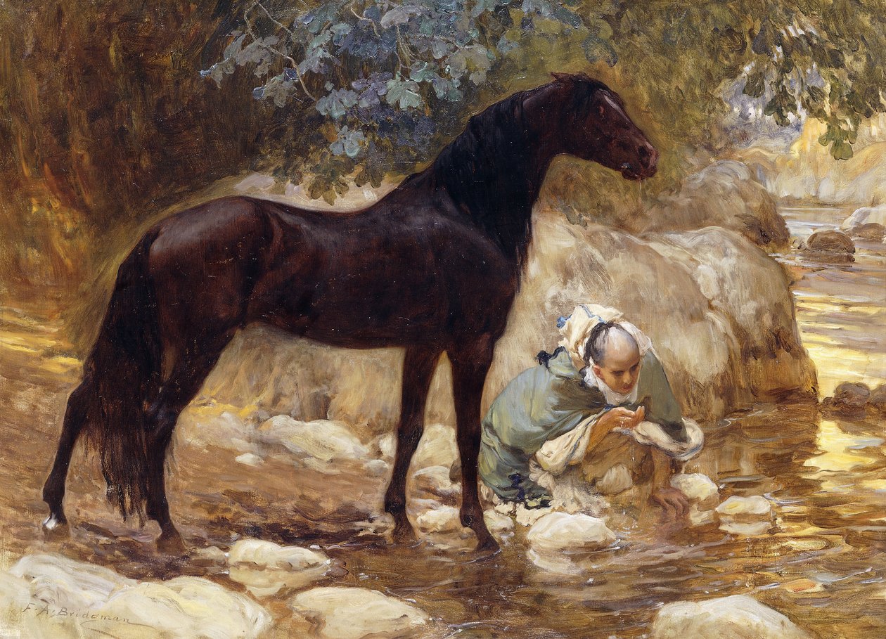 Arab podlewający konia nad rzeką, ok. 1890-1900 autorstwa Frederick Arthur Bridgman